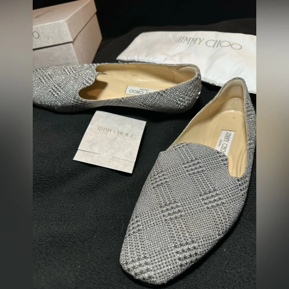 Jimmy Choo Prince of Stars Silver Glitter Loafers Size 10.5